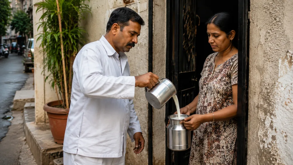 Milk vendor delivering milk to homes