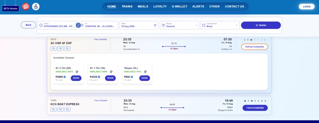 IRCTC All Class Seat Availability